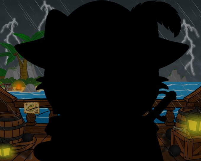 A pixel art silhouette of a character wearing a wide-brimmed hat stands on a wooden dock under a stormy sky with lightning, overlooking an ocean with a treasure chest and a small island in the distance.
