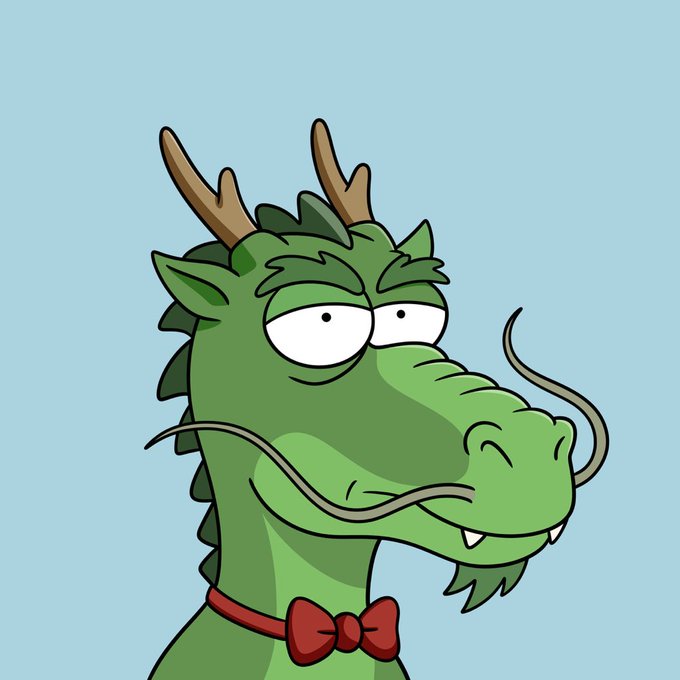 The image features a cartoon green dragon with horns, wearing a red bow tie and standing against a blue background. The dragon appears to be looking at something off-camera or has its eyes closed. There are no texts present in the image, but there is a caption that reads "GBONKO! Most NFTs stop at reveal. Bonkosaurs are just getting started. The collection is a mix of traditional art and smart contract tech." This caption provides context to the image and links it to a specific post on the social media platform.