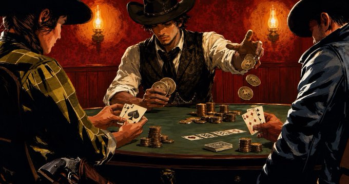 Three cowboys in a Western-style saloon play a tense game of cards around a green felt table, with one flipping gold coins and piles of chips stacked before them.