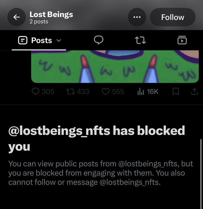 A screenshot of the Twitter/X profile for "Lost Beings" (@lostbeings_nfts), showing 2 posts and a "Follow" button, with a message stating "@lostbeings_nfts has blocked you." The image visually confirms the post's claim that the account has blocked the user after being called out for alleged stolen art and scamming.