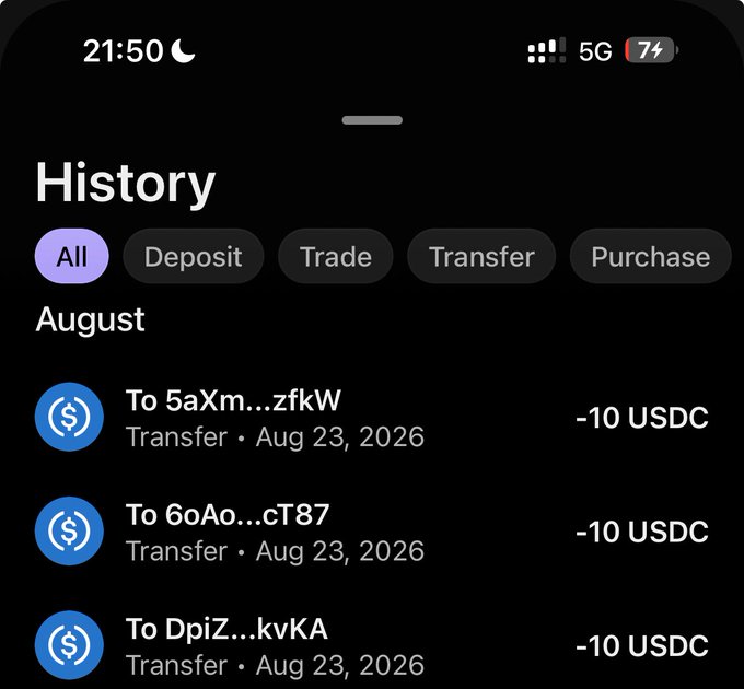 A mobile app screen titled 'History' displays transaction records filtered by 'All', showing multiple USDC transfers on Aug 23, 2026, each showing -10 USDC sent to different wallet addresses (e.g., 'To 5aXm...zfkW', 'To 6oAo...cT87', 'To DpiZ...kvKA').