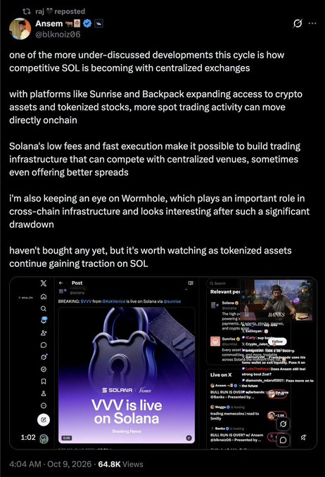 A reposted tweet by user @blknoiz06 discussing Solana's competitive edge with centralized exchanges, mentioning platforms like Sunrise, Backpack, and Wormhole, alongside a video still showing 'VVV is live on Solana'.