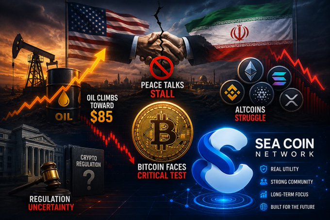 A dramatic digital collage features a cracked handshake between the U.S. and Iranian flags at the top, alongside visual cues for "Peace Talks Stall," oil rising toward $85, "Bitcoin Faces Critical Test," struggling altcoin logos, and "Sea Coin Network" highlighted with slogans emphasizing real utility, strong community, long-term focus, and being built for the future. The imagery directly illustrates the post's theme of stalled US–Iran peace talks driving oil prices and Bitcoin uncertainty, while positioning Sea Coin Network as a stable, utility-driven alternative amid the market turbulence.