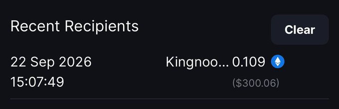 A dark-themed "Recent Recipients" interface displays a transaction dated 22 Sep 2026 at 15:07:49, showing a 0.109 ETH (~$300.06) transfer to user "Kingnoo..." (consistent with the post's @Kingisanoob mention), with the transaction's $300 value matching the caption's claim of sending over $300.
