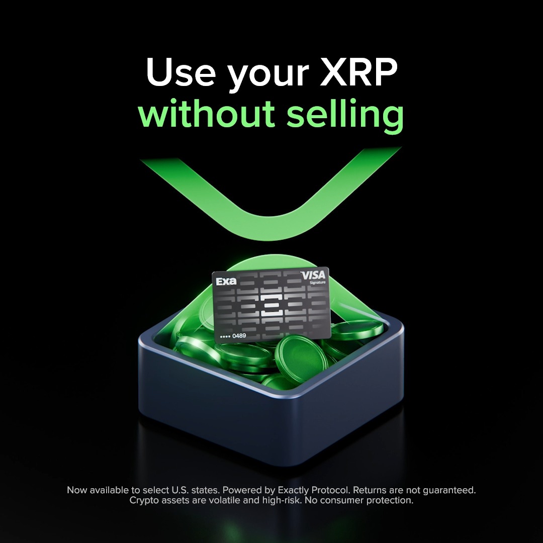 The image features a blue box filled with green coins sitting against a black background. The text "Use your XRP without selling" is displayed above the box of coins. This suggests that the coins are intended for use as payment, rather than being sold or used for any other purpose.