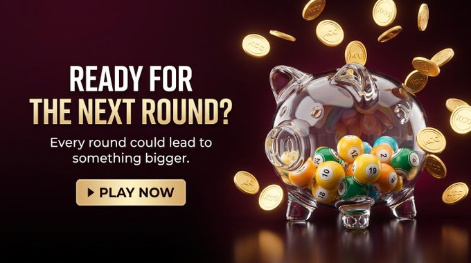 This image depicts a piggy bank filled with lottery balls and coins, with the text "READY FOR THE NEXT ROUND?" and "PLAY NOW", and coins with "KCG" visible. The KCG coins and lottery balls symbolize participation in games with the potential for increased rewards, aligning with the post's theme of a blockchain-powered ecosystem where "survival meets opportunity."