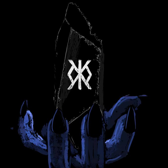 A dark digital artwork depicting a hooded figure in blue robes with a white runic symbol floating in front of their face.