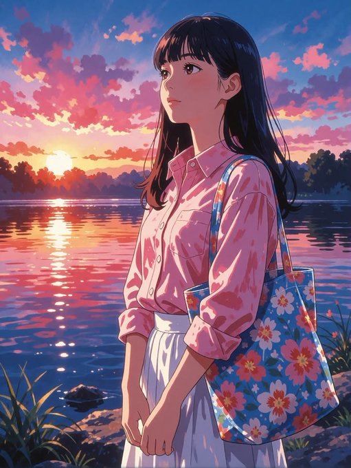 An anime-style illustration depicts a young woman with long black hair standing by a lake at sunset, wearing a pink shirt and holding a blue floral tote bag.
