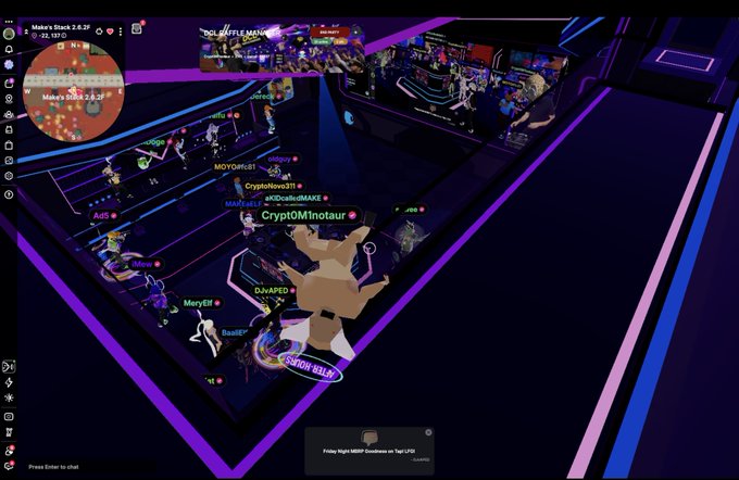 Screenshot from the virtual world Decentraland showing an avatar named 'CryptoMinotatour' near a 'RUMBLE MOVIE' venue in district 2,6,20.