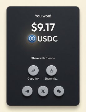 A dark-themed mobile interface shows a reward notification declaring "You won! $9.17 USDC" with a USDC token logo, along with sharing options including copy link, share via, Telegram, X, and a chat icon. The image illustrates the post's claim of weekly mystery box rewards from Gluon Money's Visa Card program, showing a payout in USDC stablecoin.