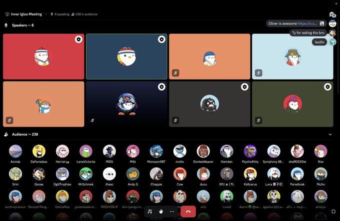An Inner Igloo Meeting interface shows 8 speakers in colorful tiles and an audience of 238 users represented by cartoon penguin avatars.
