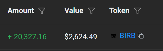 ids and values are displayed on a black background, with the id "BIRB" and value "$2,639.49" at the top right corner.