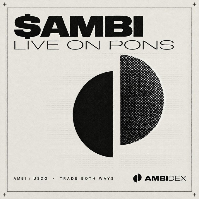 Promotional graphic with bold black text reading '$AMBI LIVE ON PONS' featuring a split circle logo, with 'AMBI / USDG · TRADE BOTH WAYS' and the AMBIDEX logo at the bottom.
