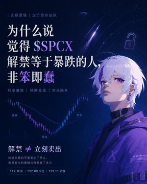 The image is a stylized financial-themed graphic with Chinese text promoting $SPCX, featuring an anime-style character with white hair against a dark purple background, and includes the Chinese text "为什么说觉得 $SPCX 解禁等于暴跌的人，非笨即蠢" (translating to "Why are people who think $SPCX's unlock equals a crash either dumb or stupid?"). It also displays statistics such as "112 编委, 122.80 中位, 132.11 群友," alongside trading chart visuals and a price quote, serving as a visual representation of the post's critical stance toward bearish views on $SPCX's token unlock event.