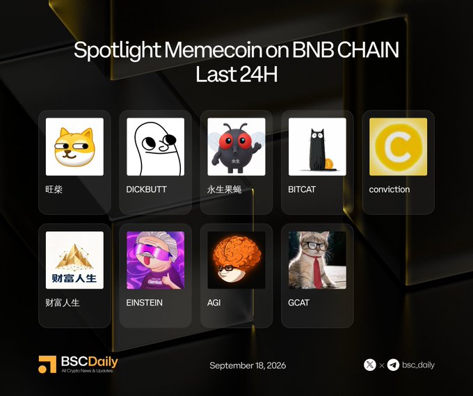 A 'Spotlight Memecoin on BNB CHAIN Last 24H' graphic by BSCDaily (dated September 18, 2026) showcases featured memecoins including 旺柴, DICKBUTT, 永生果蝇, BITCAT, conviction, 财富人生, EINSTEIN, AGI, and GCAT.