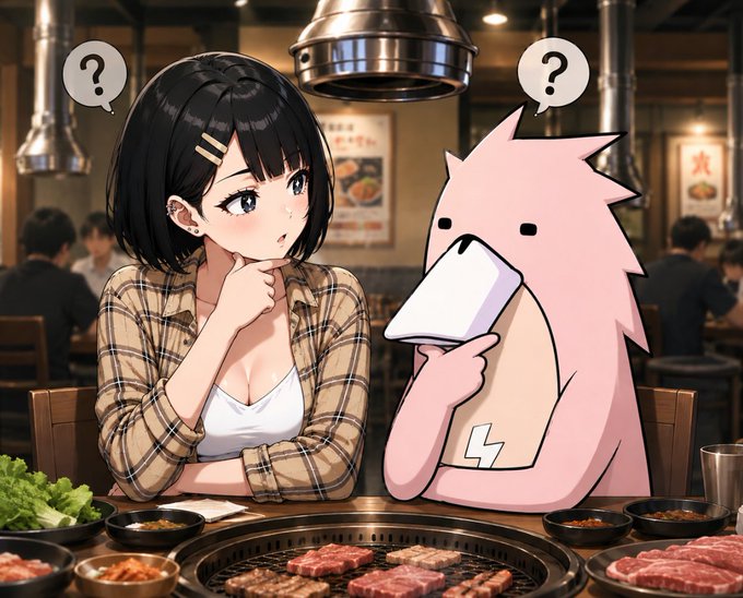 Anime-style illustration of a black-haired girl and a pink creature with a lightning bolt symbol sitting at a Korean BBQ restaurant, both with question marks above their heads.