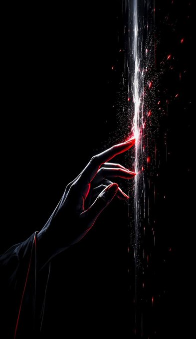 A dramatic digital artwork showing a dark silhouetted hand reaching toward a stream of glowing white and red particles cascading down a black background.