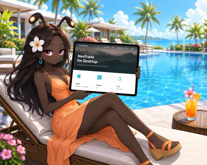 An anime-style illustration of a dark-skinned woman with antennae and a flower in her hair, wearing an orange dress, reclining poolside and holding a tablet displaying 'NeoTrade for Desktop'.