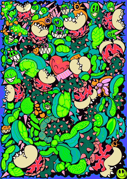 The image features a vibrant, colorful abstract art piece with various shapes and patterns, including cartoon-like characters such as a green frog, a pink bird, and a red fish. The colors used are predominantly green, pink, and orange, creating an eye-catching and lively composition. The post that accompanies the image reads "Gm Happy #tezostuesday", which is likely related to the art piece or the artist behind it.

The text "Gm" suggests that this artwork might be a part of a larger collection or series by the artist, while "#tezostuesday" indicates that the post could be related to a specific event or theme on the social media platform where it was shared. The image and its accompanying post both aim to evoke a sense of joy and positivity through their colorful and playful designs.