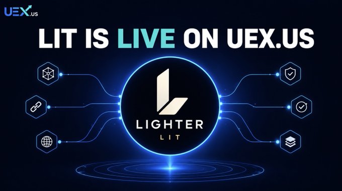A promotional graphic announcing 'LIT IS LIVE ON UEX.US' featuring the Lighter (LIT) cryptocurrency logo surrounded by connectivity icons on a dark blue background.