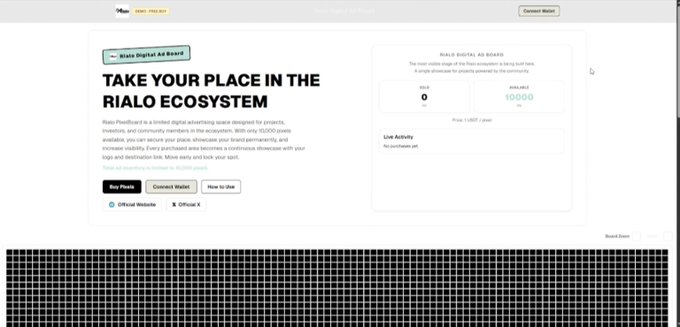 A website screenshot for 'Take Your Place in the Rialo Ecosystem,' featuring a digital ad space built by Rialo with 10,000 pixel slots, showing 0 out of 10,000 sold.