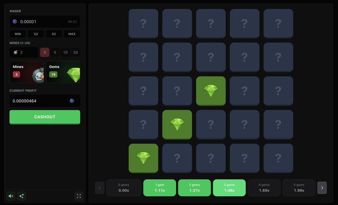 A Mines gambling game on Robinhood showing a 5x5 grid where three gems have been revealed, with the player currently betting 0.00001 with 3 mines selected and a current profit of 0.00000404, featuring cashout options ranging from 1.11x (1 gem) to 1.90x (5 gems).