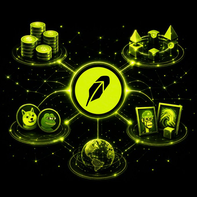 A glowing yellow infographic centers on a quill pen logo, surrounded by connected nodes featuring gold coins, Ethereum shapes, Doge and Pepe coins, NFT cards, and a globe.