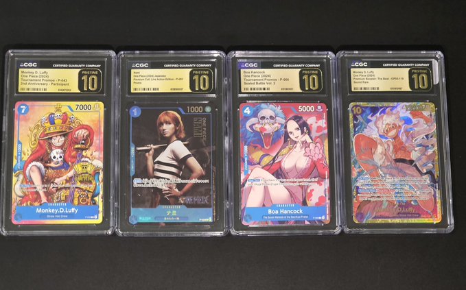 Four CGC-graded One Piece cards (Monkey D. Luffy, Boa Hancock, Nami, and another character), each scoring a Gem Mint 10, displayed in protective slabs showcasing the high-value anime collectibles referenced in the post about $50 gacha pulls selling for $200-$500.