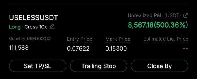 A cryptocurrency trading interface for USELESSUSDT shows a Long position with 10x cross leverage, 111,588 quantity, entry price 0.07622, mark price 0.15300, and an unrealized P&L of 8,567.18 USDT (500.36%) in green.