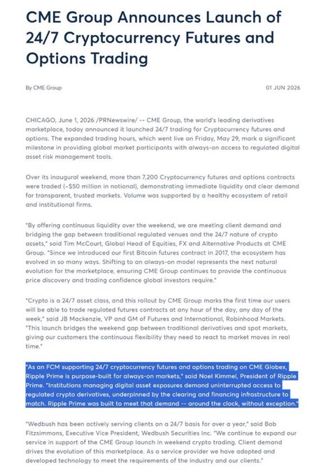 The image shows a screenshot of an article from CME Group about trading 24/7 cryptocurrency futures. The content appears to be in English, and the page has some text that reads "CME GROUP JUST FLIPPED THE SWITCH - 24/7 CRYPTO FUTURES ARE LIVE! CME GROUP just launched 24/7 сypher trading. Options trading too. Ripple Prime is RIGHT THERE as the Day 1 clearing". The information presented in this article seems to be related to cryptocurrency markets and is related to CME Group.