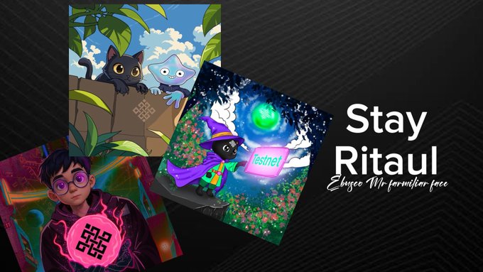 A promotional graphic for "Stay Ritaul" encourages viewers to save the Ritual face, featuring illustrated artwork of a black cat alongside charming characters—a kitten and witch cat against colorful backdrops—and links to the Ritual community at discord.gg/ritual-net with leaders like Jez_Cryptoz, orji_marcellus, and PMemoye.