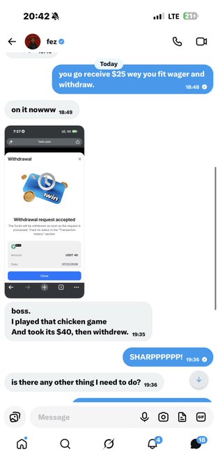 A screenshot of a direct message conversation showing a user named "fez" receiving confirmation of a successful $25 withdrawal request, followed by messages discussing how they turned a bonus code into $40 in withdrawable winnings from "chicken game," illustrating the post's point about converting bonus funds into real withdrawable balance.