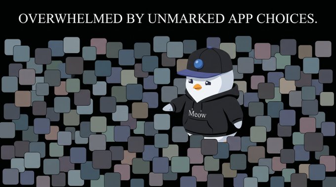 The image features a cartoon penguin wearing a black hoodie with the word "MOW" written on it, standing out against a background of gray squares. The text above the penguin reads "Overwhelmed by unmarked app choices."