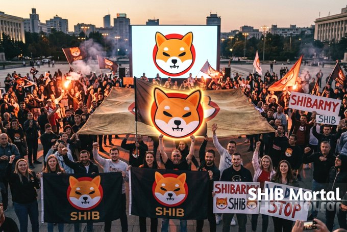 A large crowd of enthusiastic supporters, many wearing black t-shirts, rally for the Shiba Inu (SHIB) cryptocurrency, waving black flags featuring the Shiba Inu dog logo and holding banners reading 'SHIBARMY' and 'SHIB'.