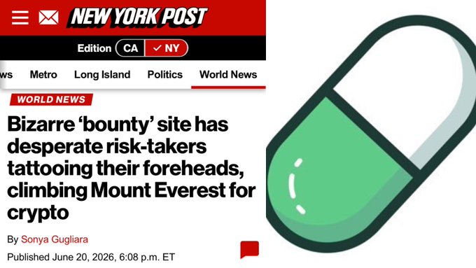 The image features a pill with a green and white color, which appears to be a medication or vitamin. The pill has been cut into two pieces, one of which is placed over a headline that reads "BIZARRE". This headline suggests that there might have been an incident involving a pill in the past. The post's title indicates it was published by New York Post on June 6th, 2016.