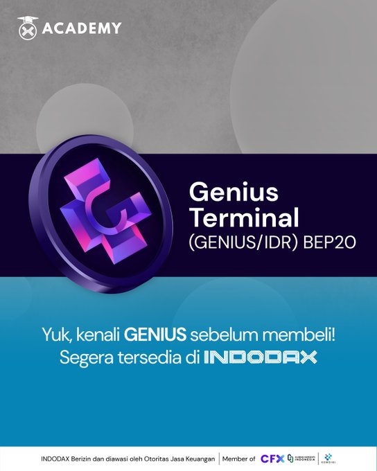 Promotional graphic from INDODAX Academy announcing the upcoming listing of Genius Terminal (GENIUS/IDR) as a BEP20 token, featuring the coin's purple "G" logo and an invitation to learn more before purchasing, with a note that INDODAX is regulated by Indonesia's Financial Services Authority.
