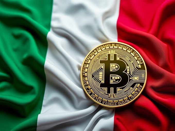 A gold Bitcoin coin rests on the Italian flag, symbolizing UniCredit's potential entry into crypto services for its 20M+ users, as highlighted in the accompanying post about Italy's second-largest bank embracing #Bitcoin.