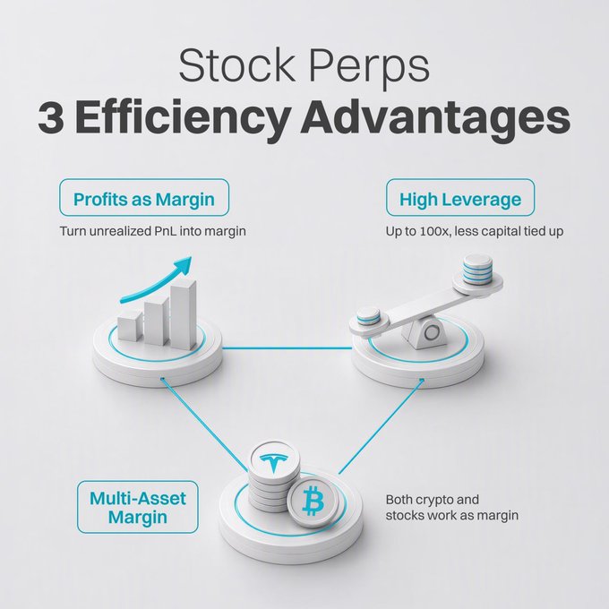 An infographic titled 'Stock Perps 3 Efficiency Advantages' illustrating features like 'Profits as Margin', 'High Leverage' (up to 100x), and 'Multi-Asset Margin' showing Tesla (TSLA) and Bitcoin (BTC) logos.