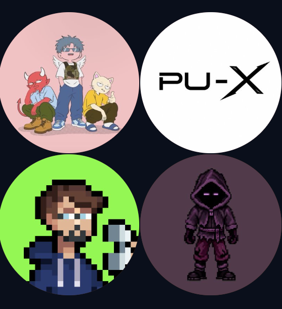 The image is a 2x2 grid featuring four circular graphics: a cartoon-style illustration of characters with a human and two demon-like figures (top left), the "PU-X" logo for Parallel Universe X (top right), a pixel art character holding a game controller (bottom left), and a pixel art hooded figure with glowing purple eyes (bottom right).

The image visually showcases the NFTs mentioned in the post, with the "PU-X" logo corresponding to @ParallelUniX and the pixel art hooded figure representing the Parallel Universe X collection.