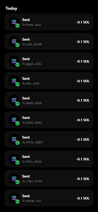The image shows a "Today" transaction log with ten confirmed "Sent" transfers, each deducting -0.1 SOL to various shortened wallet addresses (such as "9me6...uul", "sz58...P5HW", and "HRyW...1rv1"). This visualizes the 0.1 SOL airdrop claim distribution referenced in the post, which offered free SOL to the first 1000 wallets that followed and retweeted the pinned post.