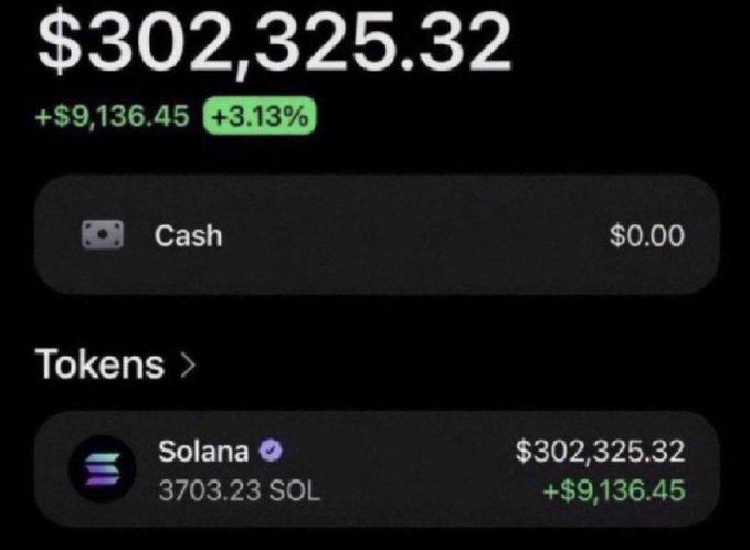 A cryptocurrency portfolio screenshot showing a total balance of $302,325.32 (+3.13%) held entirely in 3703.23 SOL (Solana), with $0.00 cash.