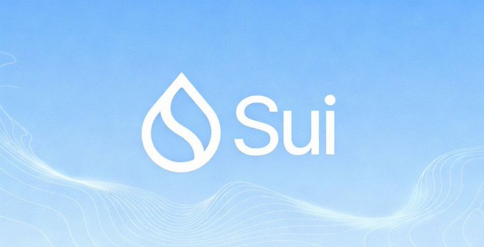 A blue background displaying the white Sui logo with its water drop icon and the word "Sui" in clean text, accompanied by subtle wave patterns.