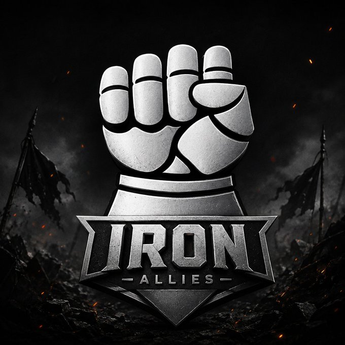A metallic silver fist logo emerges from a shield emblem with the text 'IRON ALLIES' on a banner, set against a dark, smoky background with battlefield flags.