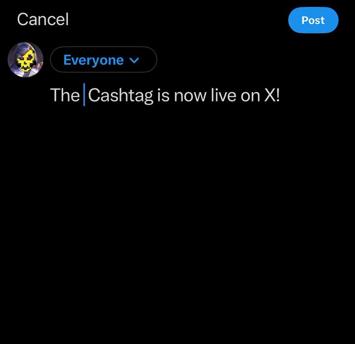 In the image, there is a black background with white text that reads "The $DOG Cashtag is now live on X!" The main focus of the image is the message posted by someone named "Everyone" who has tagged the cashtag in their post. This person seems to be sharing information about the cashtag's status or possibly discussing its features and benefits.
