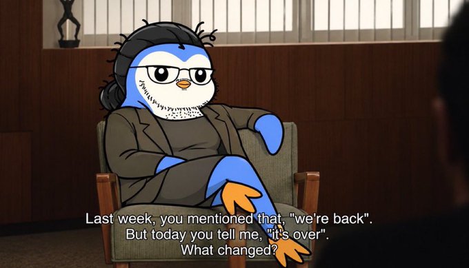 The image shows a cartoon penguin with glasses and a beard, dressed in a blazer, sitting in a chair in what appears to be an interview setting. The visible subtitle reads: *"Last week, you mentioned that, 'we're back'. But today you tell me, 'it's over'. What changed?"*

The accompanying post references "gm" (good morning), "WAGMI" (we're all gonna make it), and "$20 to 4 reply guys" with a request for a Solana address—a typical crypto/Twitter engagement-bait format. The image's skeptical interview vibe ties in thematically, playfully framing the post's confident "WAGMI" optimism against last-minute reversals ("we're back" / "it's over"), poking fun at crypto's volatile sentiment.