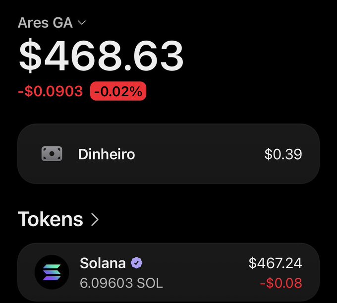 The image shows a crypto wallet display for "Ares GA" with a total balance of $468.63, comprising $0.39 in cash (Dinheiro) and 6.09603 SOL ($467.24). This appears to be a scam-style giveaway post promising $160 in Solana to 5 random participants, likely using the wallet's visible funds to falsely imply the poster has the means to fulfill the giveaway before disappearing with any sent funds.