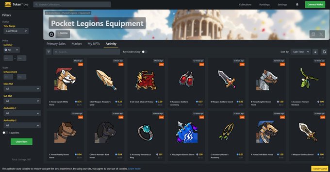 A screenshot of the TokenTrove marketplace displaying various NFT items for sale under the 'Pocket Legions Equipment' collection.