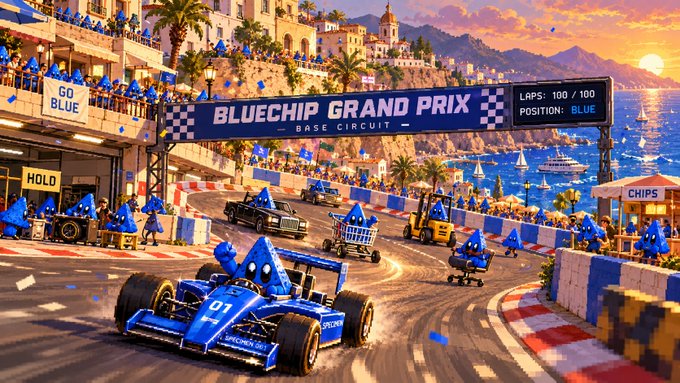 A vibrant digital illustration titled 'BLUECHIP GRAND PRIX - BASE CIRCUIT -', depicting a blue formula-style race car (#01) on a track populated with blue Smurf-like characters, with LAP 100/100 and POSITION BLUE displayed.