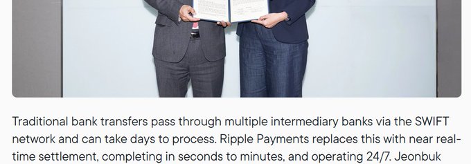 A continuation of the press release explaining that Ripple Payments replaces traditional SWIFT bank transfers, completing in seconds to minutes and operating 24/7, with executives from both companies pictured holding signed documents.