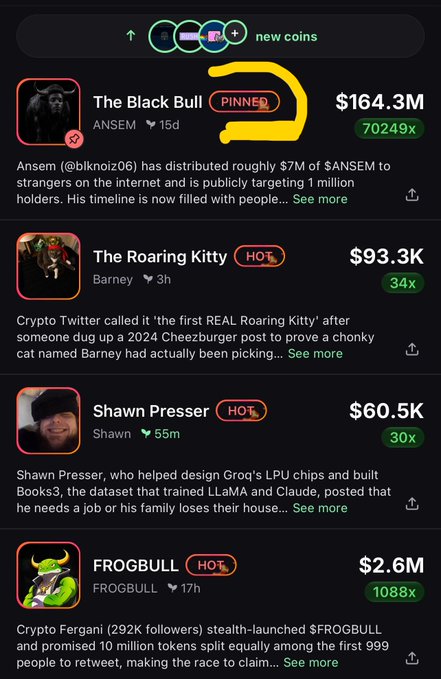 A crypto tracking app displays trending coins including The Black Bull (ANSEM, $164.3M, 70249x), The Roaring Kitty (Barney, $93.3K, 34x), Shawn Presser (Shawn, $60.5K, 30x), and FROGBULL ($2.6M, 1088x), with an orange arrow pointing to the new coins section.